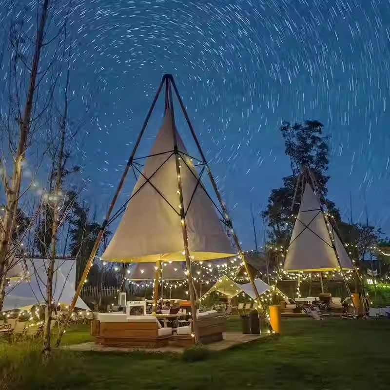 Luz de lujo triángulo red carpa de comidas al aire libre Hotpot Hotel camping lugar escénico Cottage Residence Hotel Tent