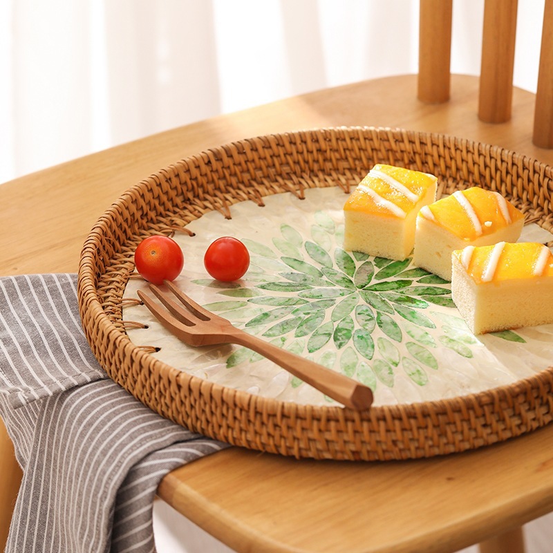 Bandeja de conchas de color tejido de ratán, plato de frutas, sala de estar creativa para el hogar, mesa de centro, marco de almacenamiento, plato de frutas, pan, plato de dim sum, frutas y verduras