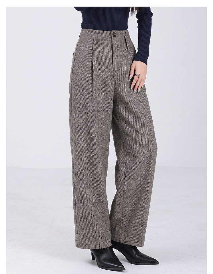 Quần tây nữ ống rộng cạp cao chất liệu len pha polyester, màu trơn, dáng rủ tôn dáng, giữ ấm — Màu ảnh chi tiết 11