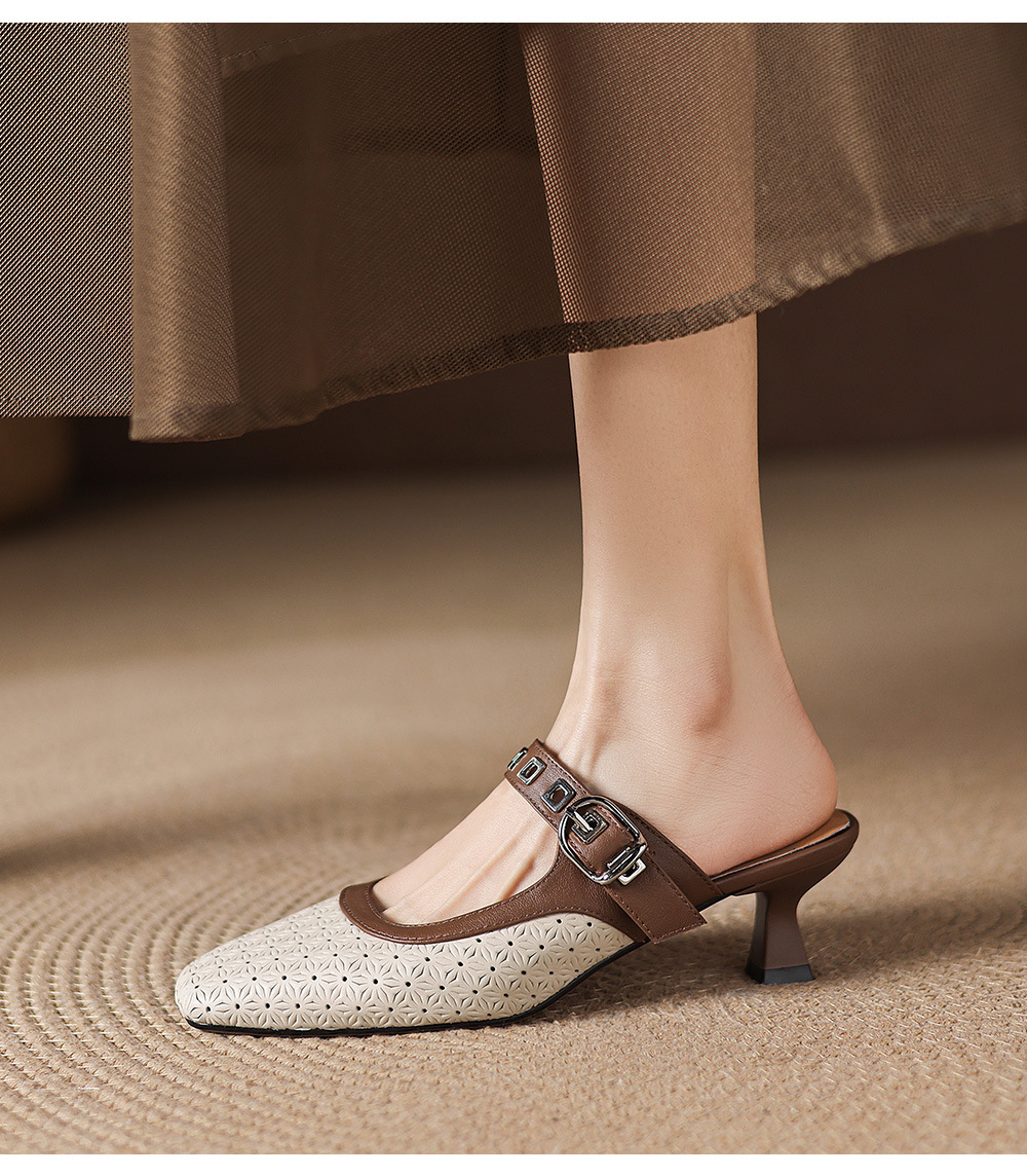 Sandal nữ quai ngang mũi vuông gót 5 cm phối màu — màu trắng ngà chi tiết 14