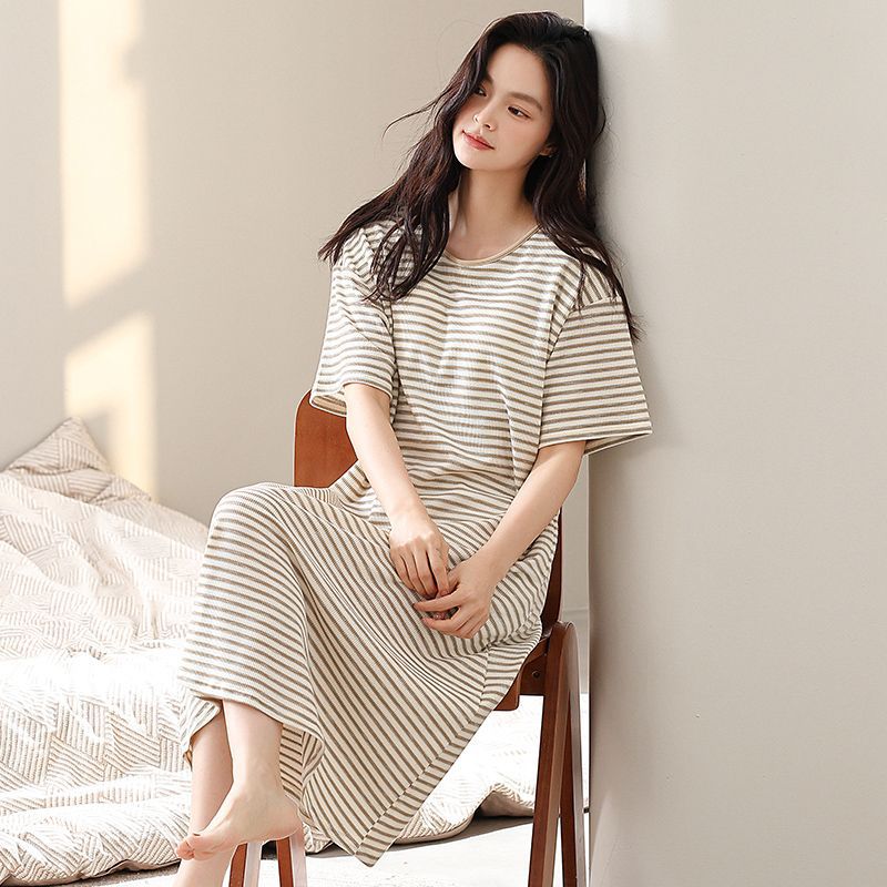 2025年纯棉华夫格睡裙女短袖夏季圆领可外穿中裙条纹高级感睡衣夏