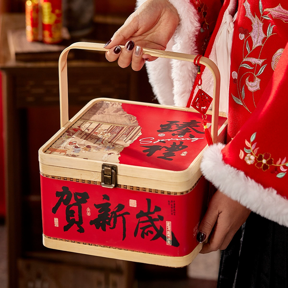 Подарочная коробка-корзина из бамбука для новогодних сладостей 2026 года, упаковка для печенья, новогодние товары, элитные кондитерские изделия, местные деликатесы, год Змеи, универсальная пустая коробка