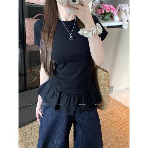 MR【Cotton】 French Ruffle Hem Spliced White Short Sleeve T-Shirt Women's Summer Slim Fit Straight Shoulder Top 