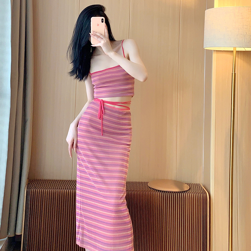 투피스 뉴 퓨어 디자이어 스타일 핫걸 콘트라스트 컬러 스트라이프 패션 스트랩 슈트