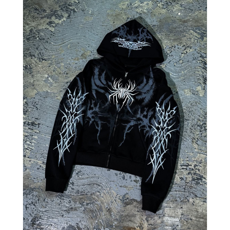 Felpa con cappuccio e zip con stampa 3D ispirata al gotico: abbigliamento streetwear unisex oversize con estetica dark_voghion.com