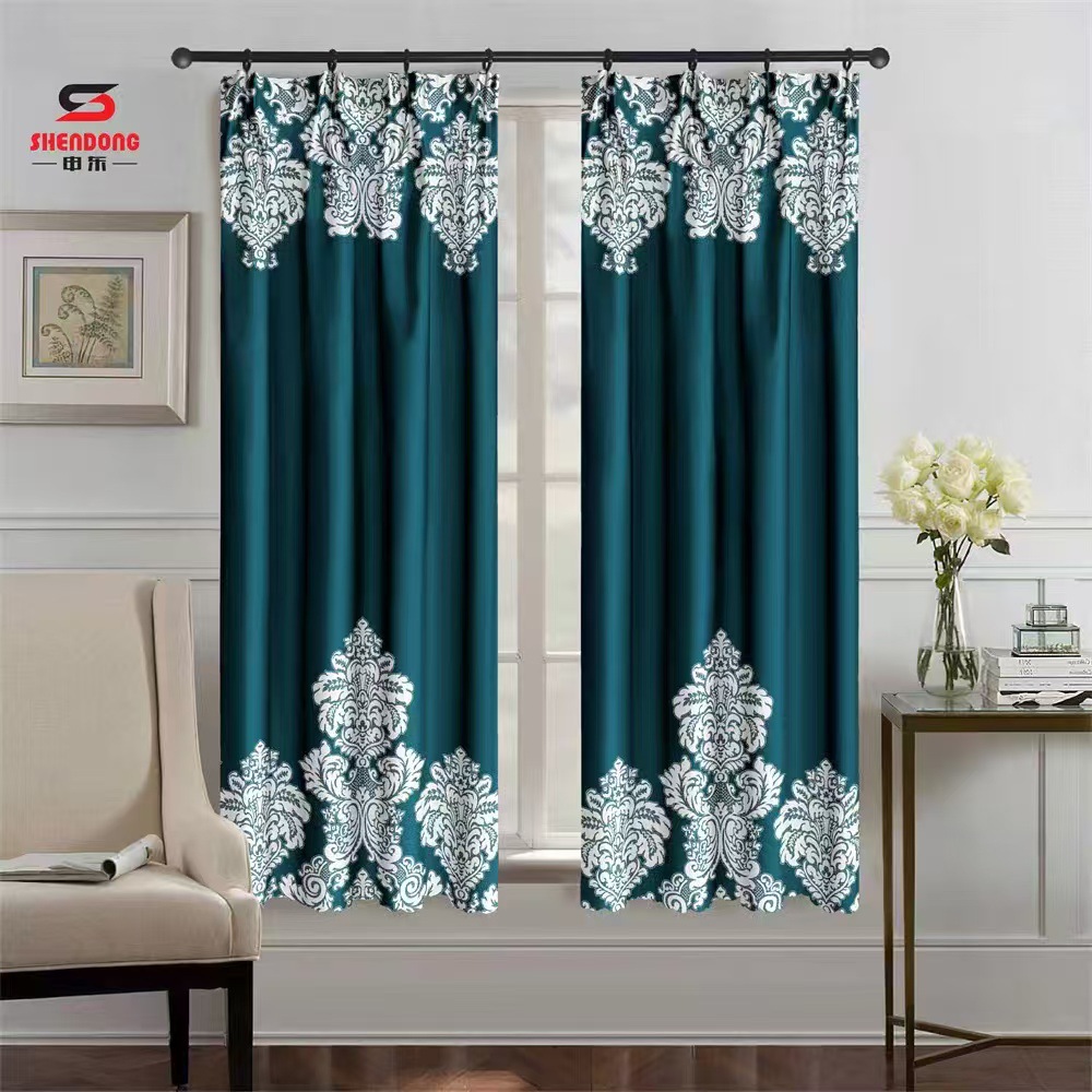 Cross-Border Southeast Asian Curtain Factory Fabric Curtains for Bedroom and Living Room, Sunshade, No-Drill Dual-Use Hook, Rod-Pendant, Bay Window, Printed