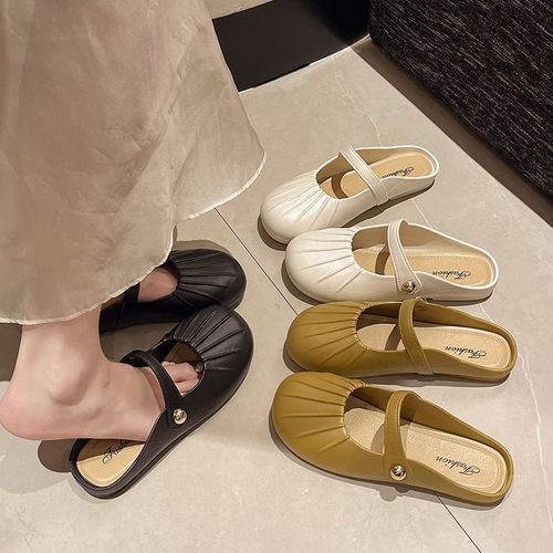 Half Slip On Spring and Autumn New French Mary Jane Pleated Women's Single Shoes Casual Matchy Matchy Style Side Small Beads No Back Heel