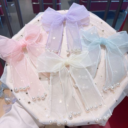 Korean-style bow ribbon pearl children's hair clip princess fairy-like tassel net lace hairpin solid color fabric hair accessory