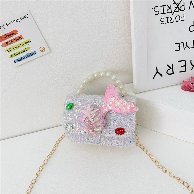 Nueva moda en línea bolsos de niños, princesa extranjera, bolsos de perlas, lindos bolsos de cola de pez para niñas