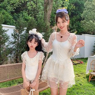 2025 New Parent-Child Swimsuit Mother-Daughter Conservative Lace Long-Sleeved Slimming Look Belly-Covering Girl's Cute Medium and Large Kidsren's Swimsuit