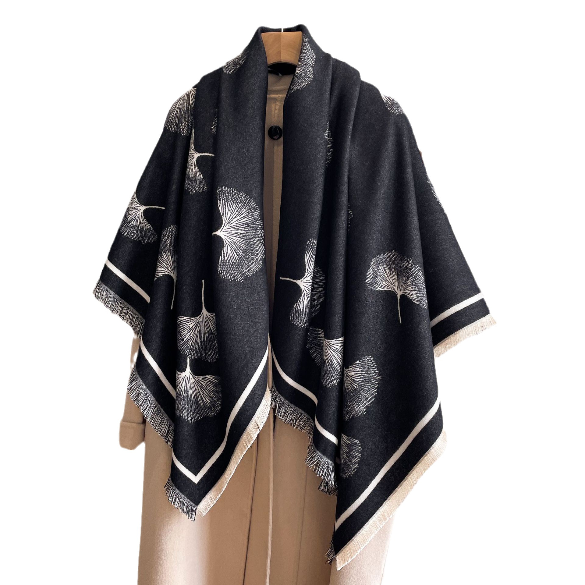 2023 nueva hoja de ginkgo jacquard bufanda cuadrada de gran tamaño artístico retro bufanda de Cachemira para mujer chal cálido exterior