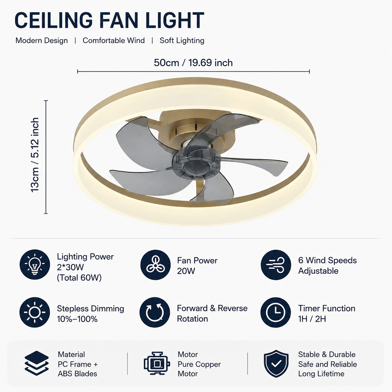 Ventilador de Techo con Luz de Acrílico y ABS, Control Remoto, Control por App, para Dormitorio y Comedor