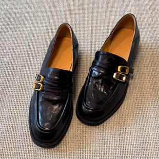 French Retro Belt Buckle Thick Bottom Loafers 2024 Thick Heeled Single Shoes British Academy Style Black Small Leather Shoes for Women