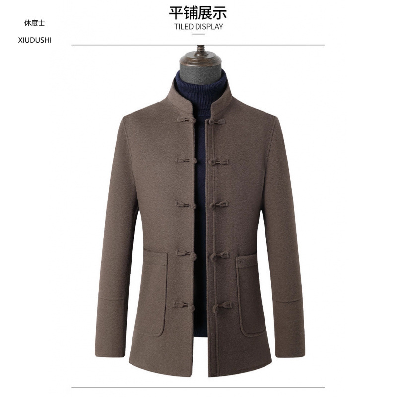 Autumn/Winter Men's Double-Faced Wool Stand Collar Mid-Length Goose Down Lined Overcoat with Chinese Style, Chinese Style, Zhongshan Suit Jacket