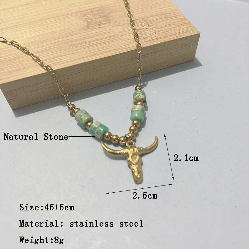 Fashion Bull Head Stainless Steel Plating Natural Stone Pendant Necklace