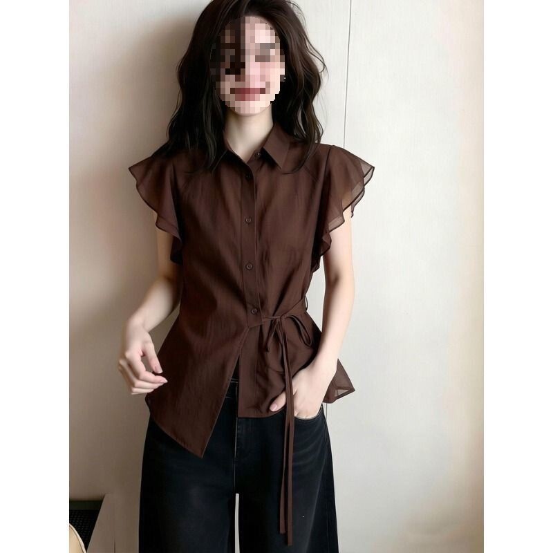 Stylish Coffee-Colored Short-Sleeve Shirt with Small Lapel for Women, 2026 Summer New Style, Waist-Cinching Tie, Ruffled Edge, Elegant Top