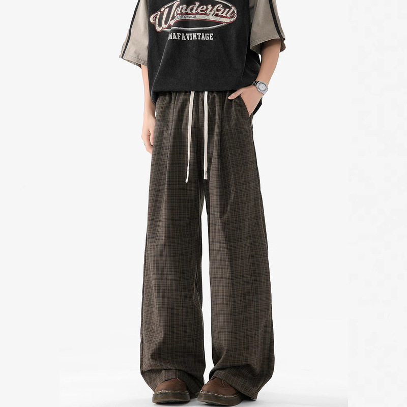 Japanese Retro Elastic Waist Drawstring Casual Plaid Pants Unisex Lazy Style Loose Straight Wide-Leg Pants Boxer Shorts