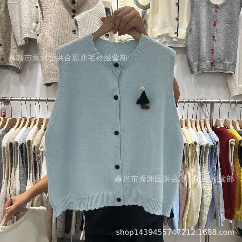 日系无袖叠穿毛衣马甲开衫女2025秋季新款宽松单排扣圆领针织背心|undefined