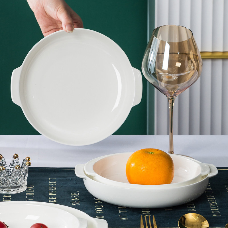 Pure white minimalist dinner plate with two handles, ceramic dish, deep plate, gold-decorated plate, bone china double-handled plate, hotel dish