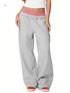 Women Elastic Jogger Sweatpants Plaid Patchwork Workout Cross-Border