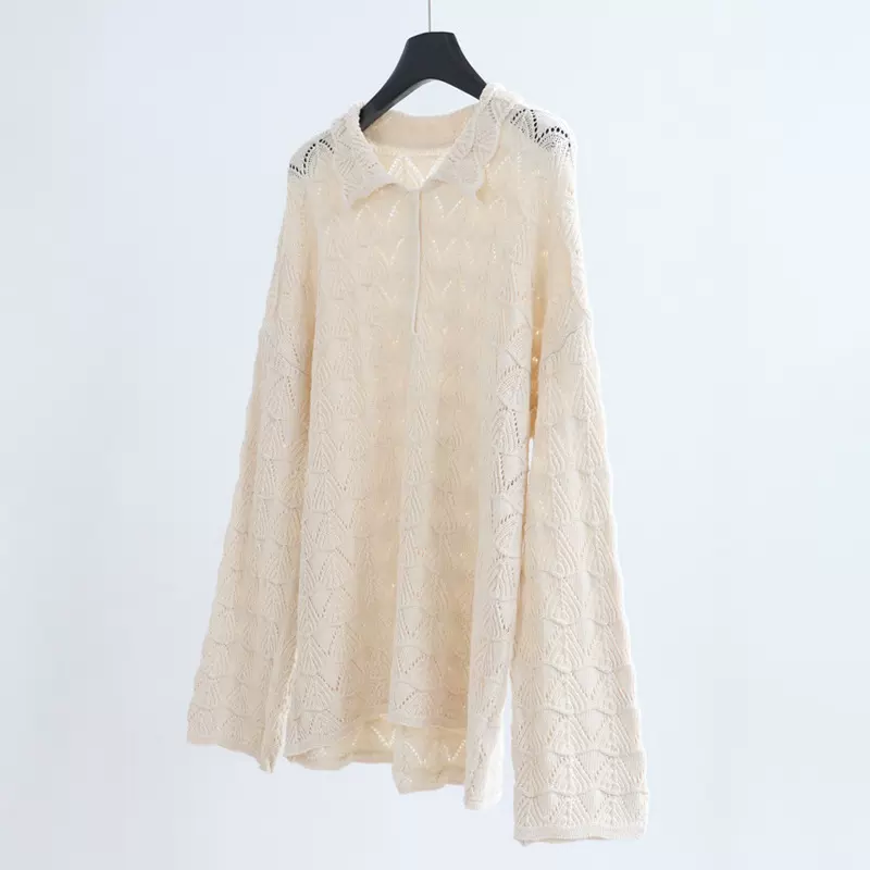 复古钩花镂空翻领针织衫女2025早秋新款宽松慵懒风百搭针织上衣