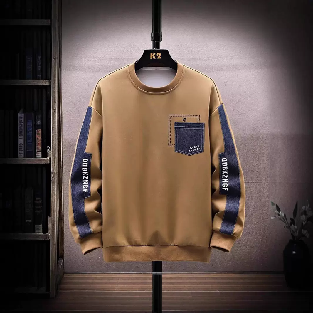 男士秋季经典个性撞色圆领T恤男时尚青少年拼色休闲宽松套头卫衣