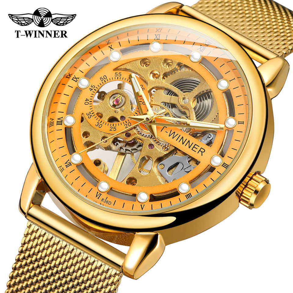 T-winner reloj de hombre europeo y americano reloj mecánico manual hueco de moda transparente reloj de correa de malla de milán 8258