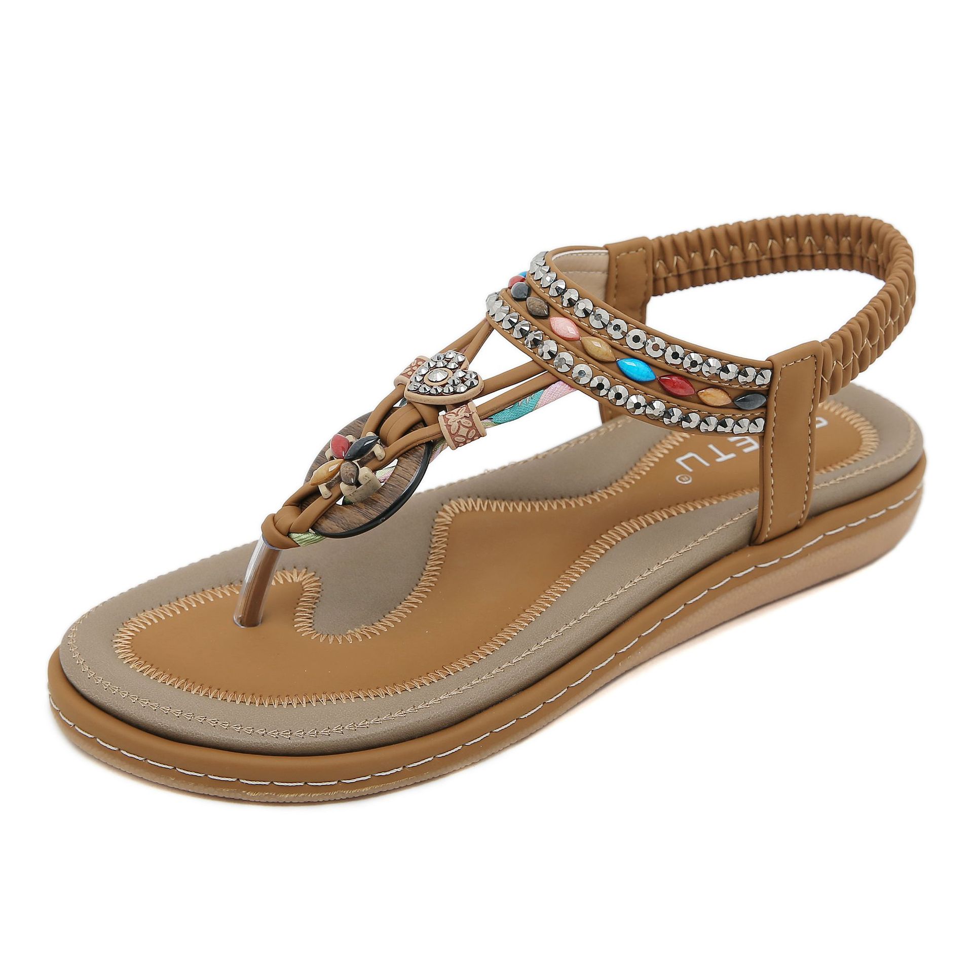 W676-2 Nuevas Sandalias Planas de Moda Casual Transfronterizas 2025 con Hebilla de Cuentas de Madera y Pedrería para Mujer, Playa de Tailandia