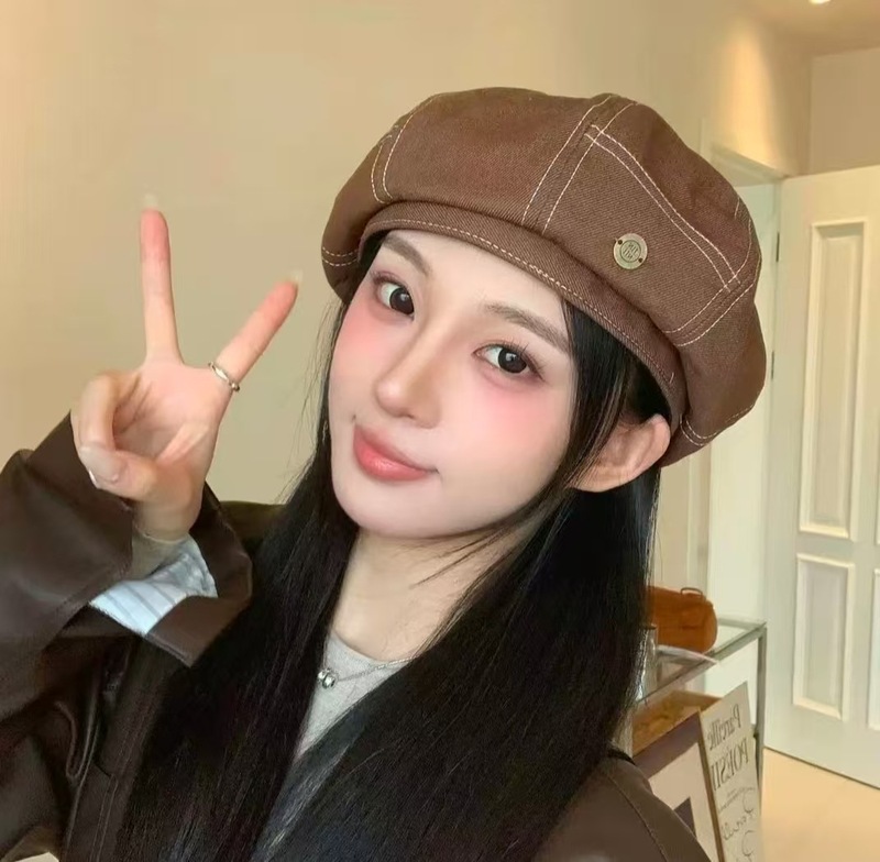 韩版时尚金属标牛仔贝雷帽子女春夏复古画家南瓜帽显脸小八角帽子|undefined