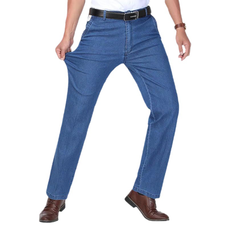 La primavera y el verano nuevos pantalones vaqueros del estiramiento de los hombres rectos sueltos hombres de mediana edad de negocios pantalones casuales de los hombres entrega de una sola pieza