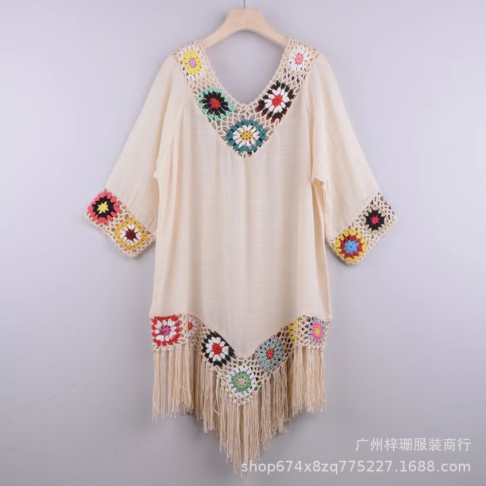 Transfronterizo nuevo fuera del hombro tres cuartos manga gancho flor costura borla irregular playa anti-DDoS blusa estilo étnico vestido image 10