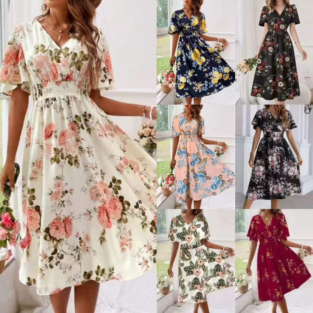 2025新款欧美跨境亚马逊女士海边度假连衣裙 植物花卉印花连衣裙