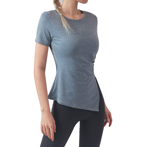 Women's Stretchy Breathable Round Neck Tight Hem Split Running Fitness Quick Dry Short Sleeve Yoga Top for Plus Size