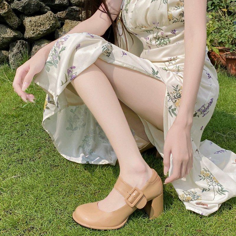 Круглый наконечный водонепроницаемый ремень пряжка на толстом каблуке эластина женская обувь одиночная обувь