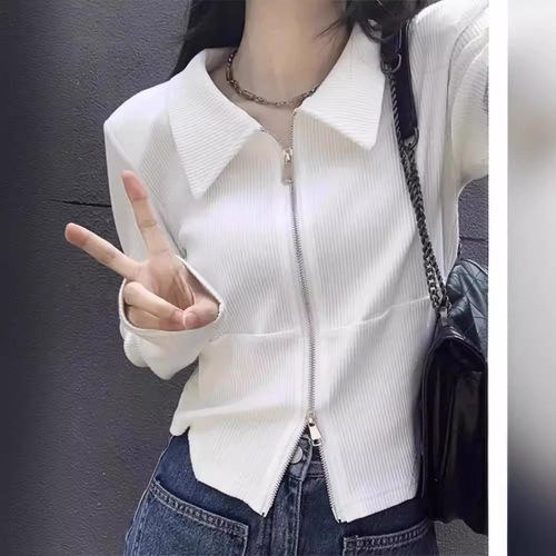 Design Double Zipper Lapel Long Sleeve T-Shirt Women's Spring and Autumn New Pure Desire Style Slimming Short Style Girl's Top