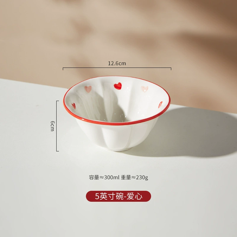 Ceramic tableware set, Chinese‑style capacious soup bowls and plates, red heart rim, multiple sizes