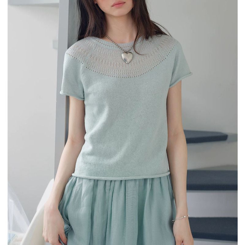 "Mist Island" French Normandy Linen Cotton Fair Isle Lightweight Knit Short-Sleeved T-Shirt 2026 Summer Women's