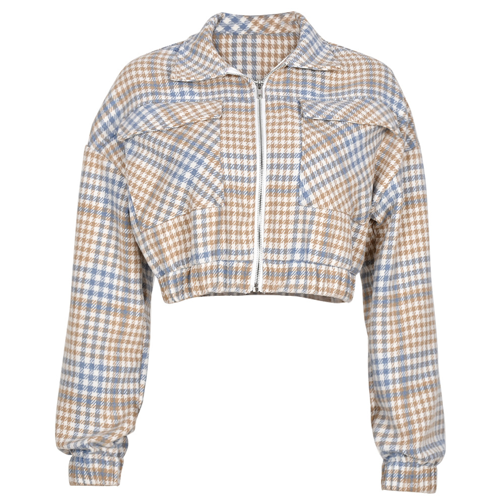 Short Bare Midriff Slim Fit Plaid Shirt Collar Long Sleeve Blouse - Coats & Jackets - Uniqistic.com