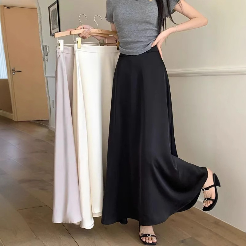 French Acetic Acid Satin Fish Tail Skirt Women's Summer New High Waist Hip Covering Slimming A- line Large Swing Long Skirt French Acetic Acid Satin Fish Tail Skirt Women's Summer New High Waist Hip Covering Slimming A- line Large Swing Long Skirt
