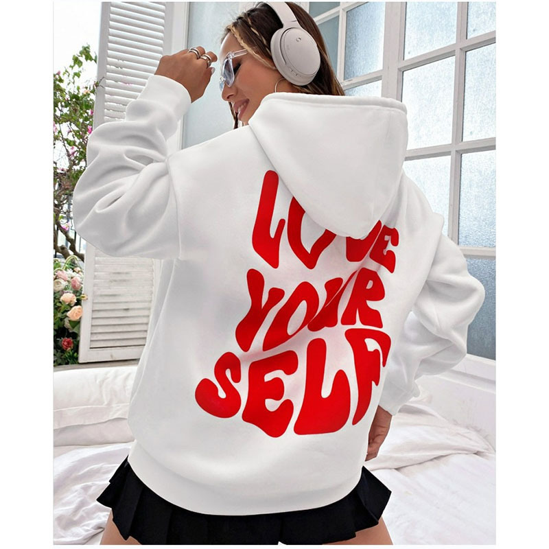 New Women's Fleece Drop Shoulder Sleeve With Back Letter Print Pullover Hoodie_voghion.com