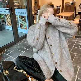 秋冬加厚加棉新款甜美休闲毛呢外套高级英伦风廓形宽松呢子大衣女