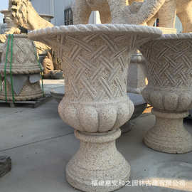 寺院中式石雕花钵图片 芝麻白花鸟石材浮雕花盆 纹理清晰美观