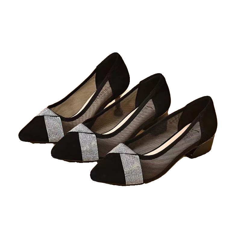 Giày da nữ mũi nhọn gót thấp 3 cm, kiểu hở mũi lưới thoáng khí — Gót thấp màu đen (3 cm)