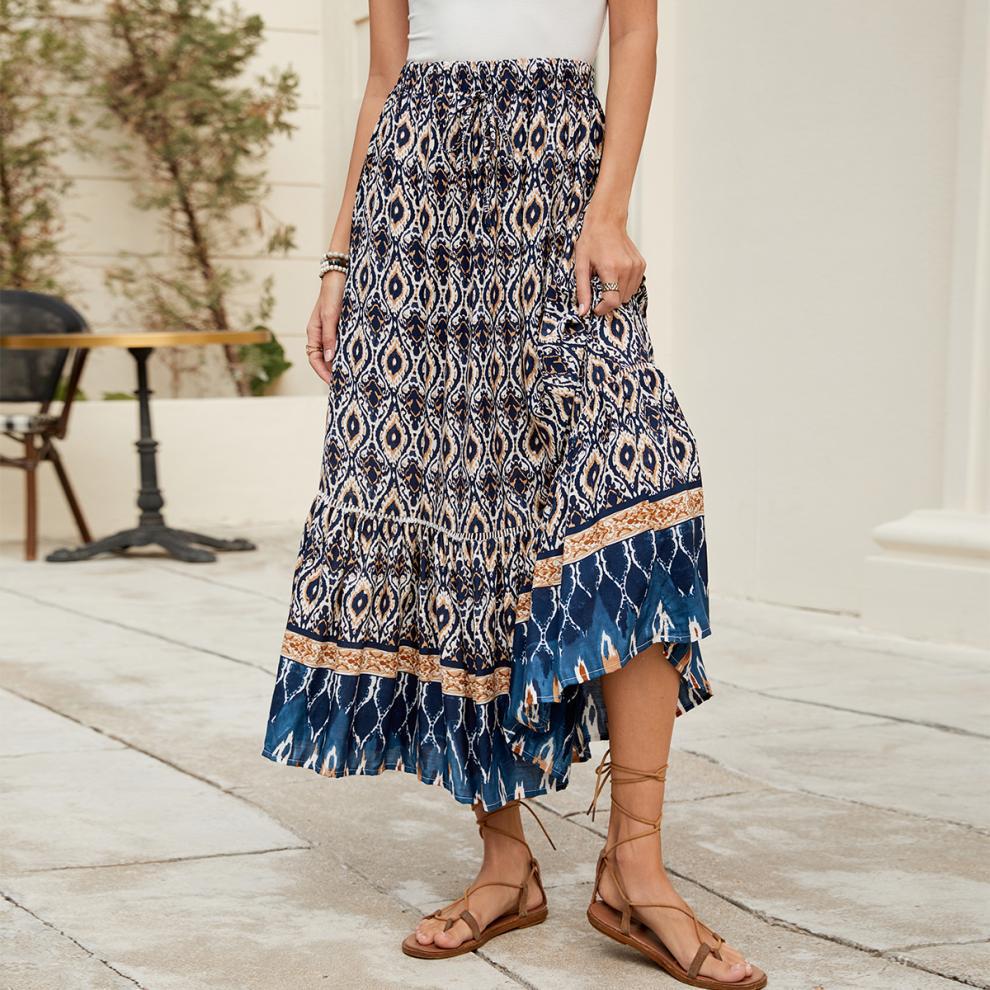 Bohemian European American Style Rayon Printed A-line Midi Skirt Vacation, Beach, And Seaside, With A Large Hemline For_ecoleips.com