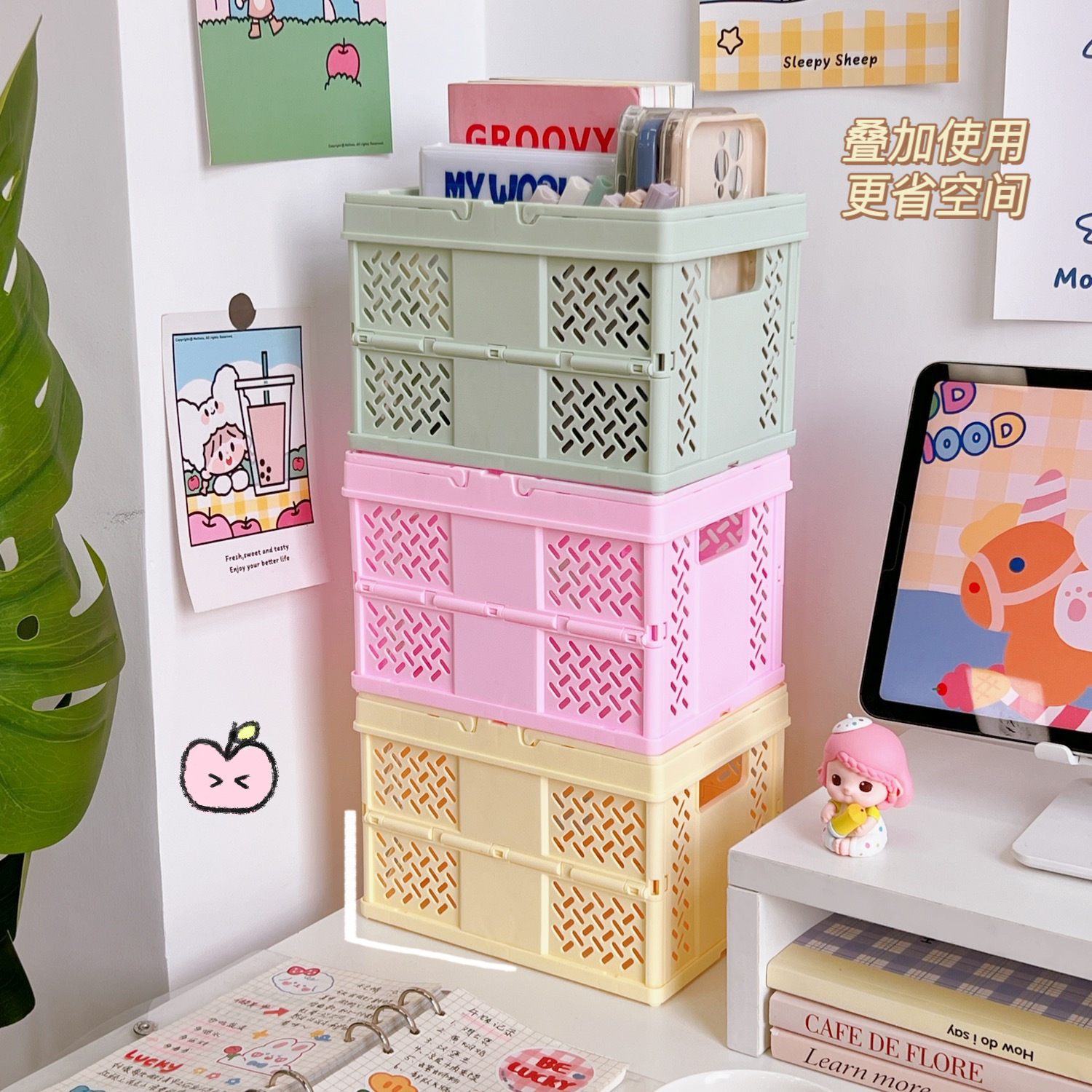 Cesta de almacenamiento plegable de dibujos animados de escritorio mini caja de almacenamiento de maquillaje estilo ins dormitorio multifuncional cesta de almacenamiento portátil