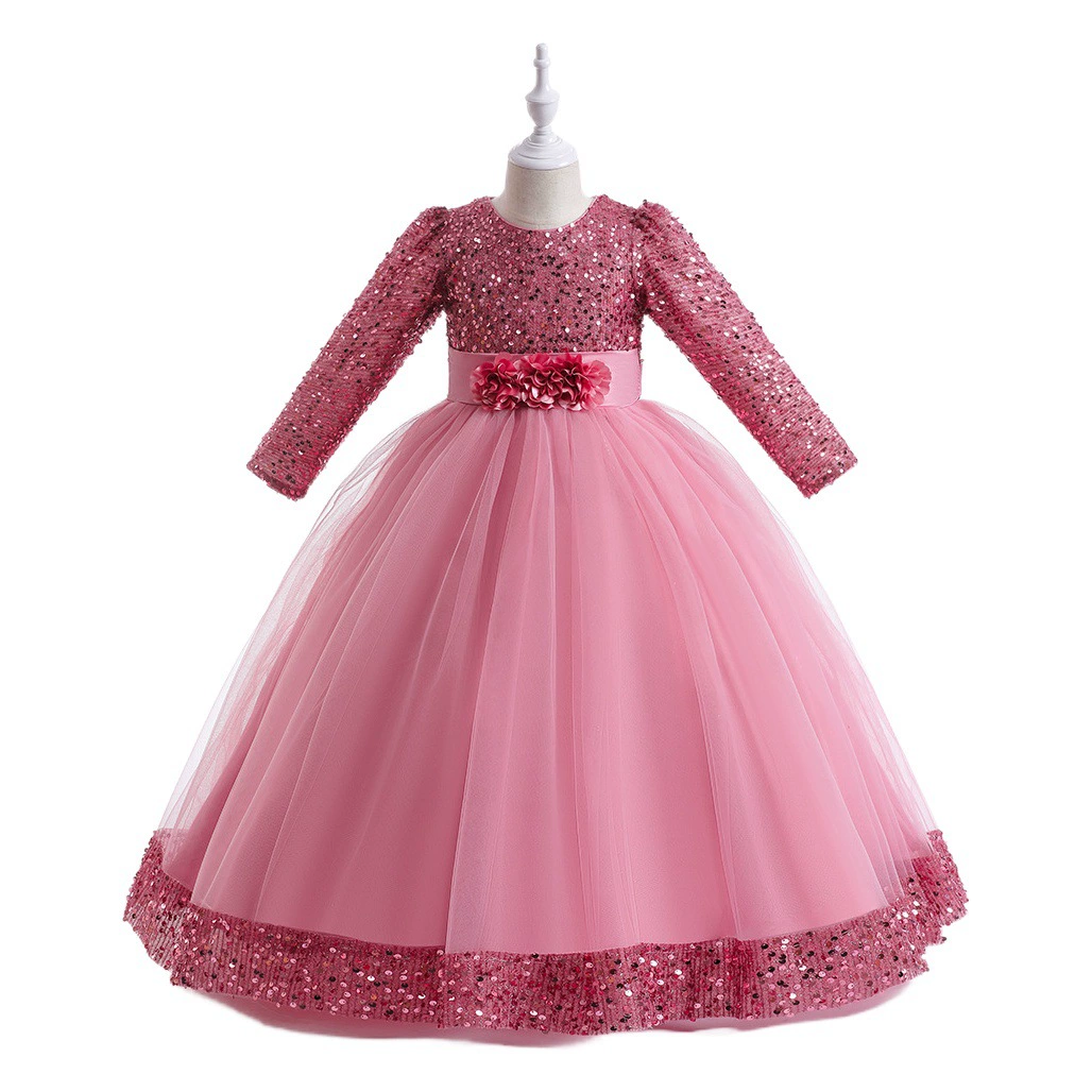 Новое платье для девочек с длинным рукавом, пышное длинное платье с пайетками, свадебное платье для девочек в цветочек, банкетное платье для девочек из пышной пряжи