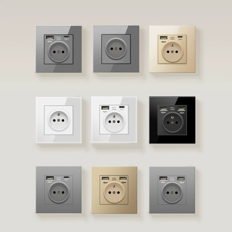 86 евростандартная панель розетки с французской вставкой, Type-C + USB, европейский стандарт 16A, стеклянная панель