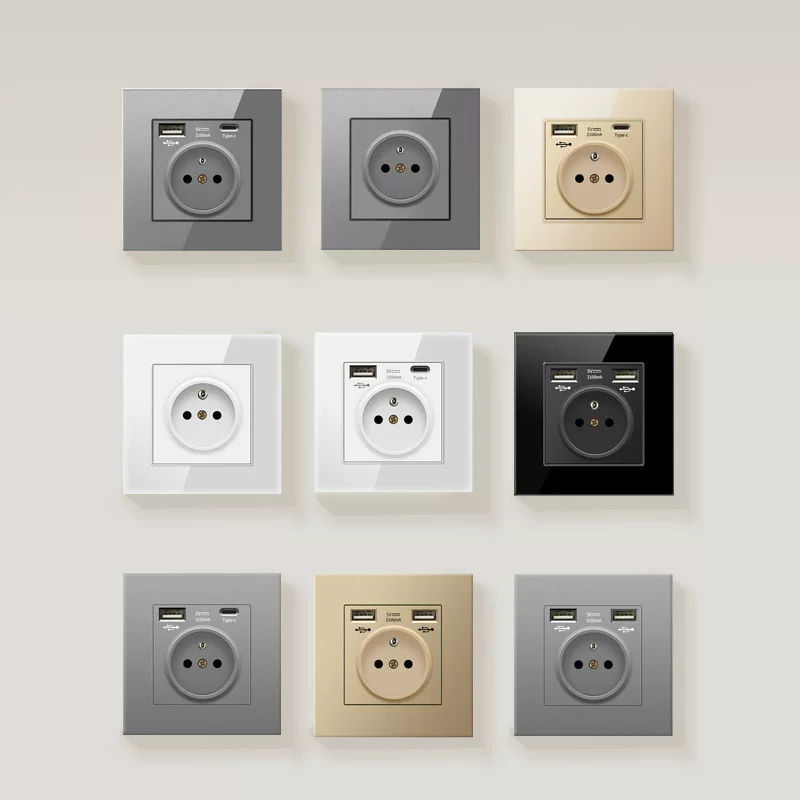 86 евростандартная панель розетки с французской вставкой, Type-C + USB, европейский стандарт 16A, стеклянная панель