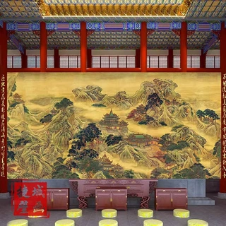 蓬莱仙境图壁纸新中式国画山水画墙纸堂口客厅背景墙佛堂寺庙墙布