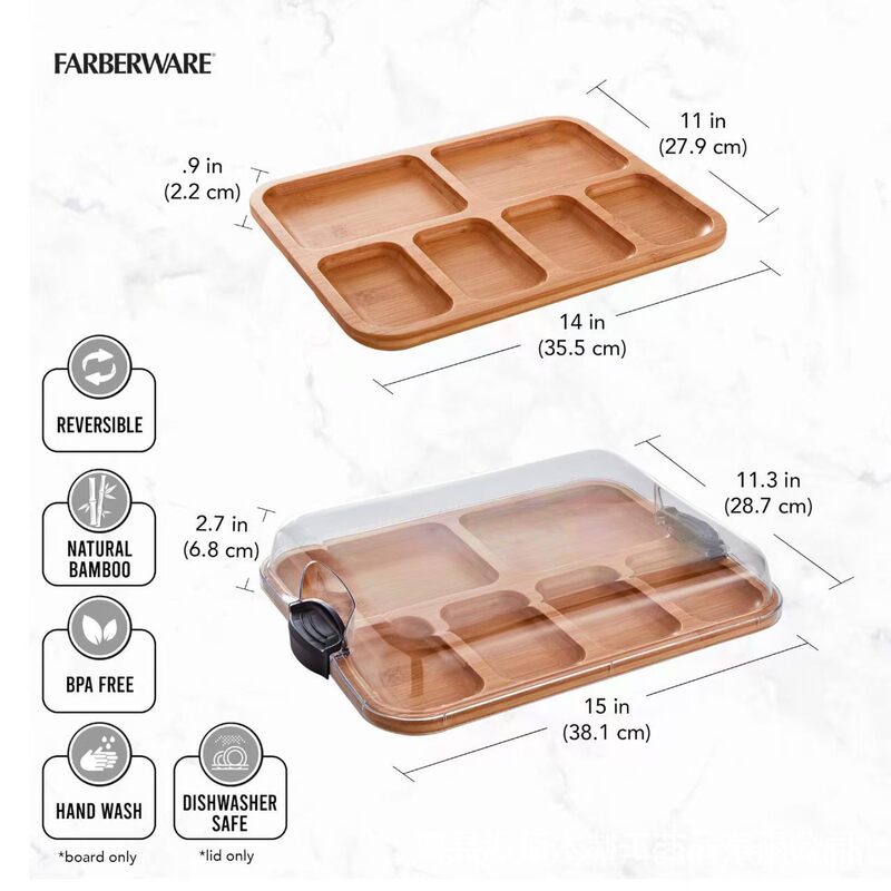 Bamboo Canned Tray with Acrylic Transparent Cover Split Format Household Party Party Cake Fruit Snack Tray